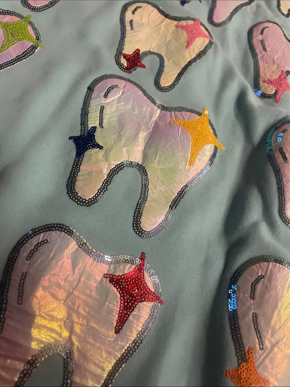 QUEEN OF SPARKLES Mint Sequin Tooth Appliqué Sweatshirt - Picture 3 of 3